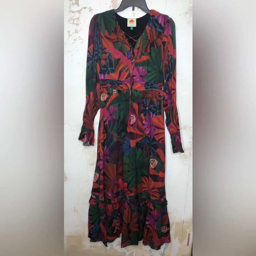 Farm, Rio Bird flowers long sleeve V-neck maxi dress, size small - Picture 15 of 15